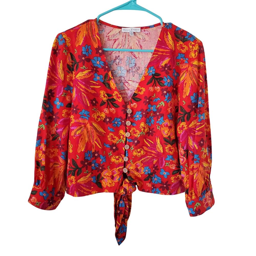 Maison D Amelie  Linen Blend Floral Button Front Tie Blouse Medium Colorful
